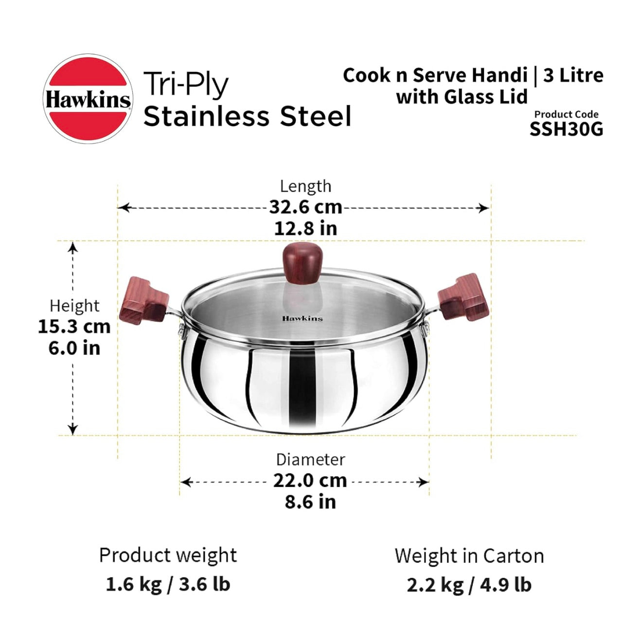 Hawkins Tri-Ply Stainless Steel Induction Compatible Cook n Serve Handi with Glass Lid, Capacity 3 Litre, Diameter 22 cm, Thickness 3 mm, Silver (SSH30G)