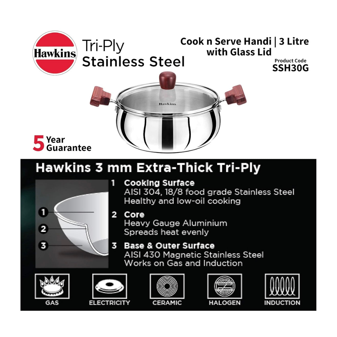 Hawkins Tri-Ply Stainless Steel Induction Compatible Cook n Serve Handi with Glass Lid, Capacity 3 Litre, Diameter 22 cm, Thickness 3 mm, Silver (SSH30G)