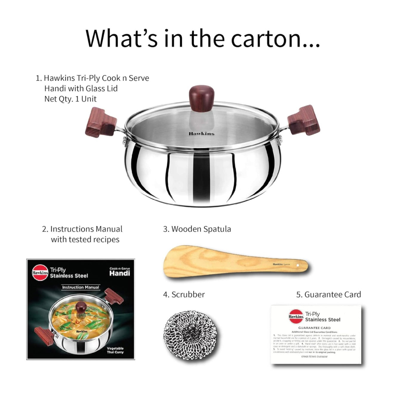 Hawkins Tri-Ply Stainless Steel Induction Compatible Cook n Serve Handi with Glass Lid, Capacity 3 Litre, Diameter 22 cm, Thickness 3 mm, Silver (SSH30G)