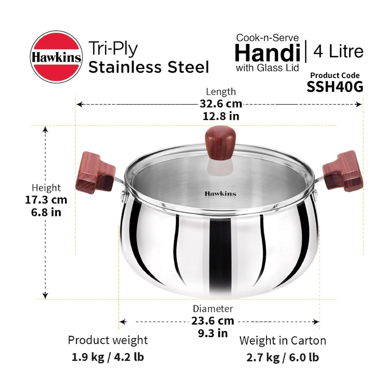 Hawkins 4 Litre Cook n Serve Handi, Triply Stainless Steel Handi with Glass Lid,
