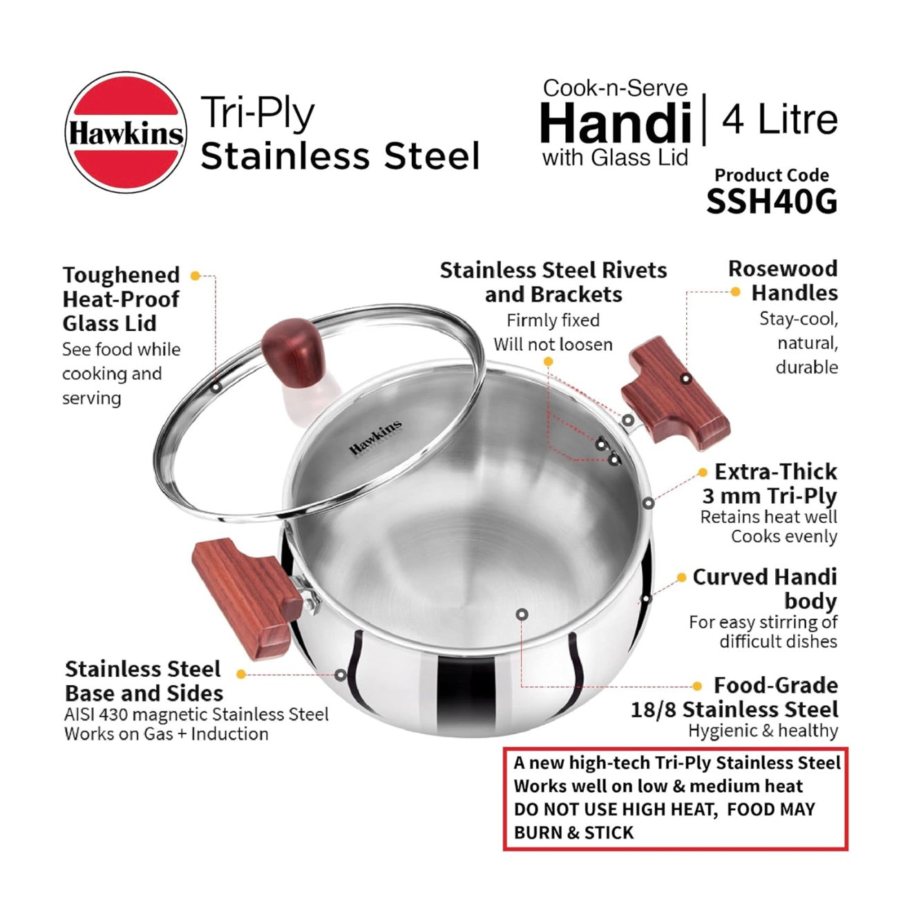 Hawkins 4 Litre Cook n Serve Handi, Triply Stainless Steel Handi with Glass Lid,