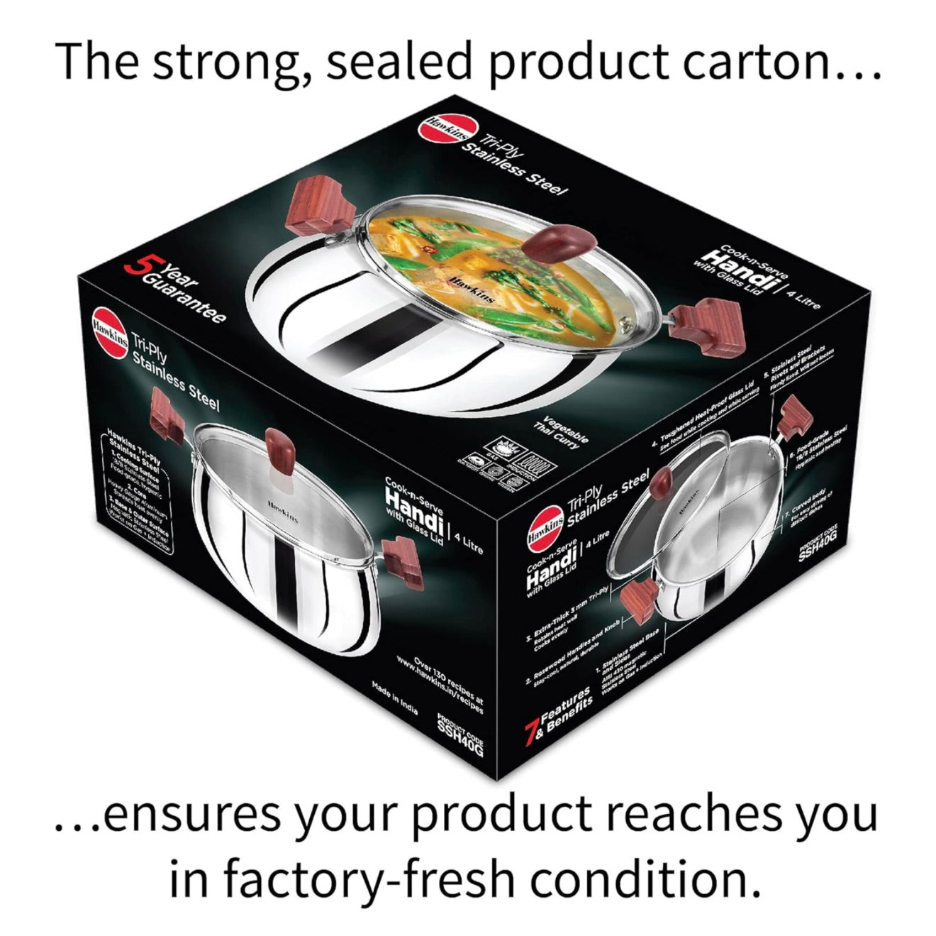 Hawkins 4 Litre Cook n Serve Handi, Triply Stainless Steel Handi with Glass Lid,