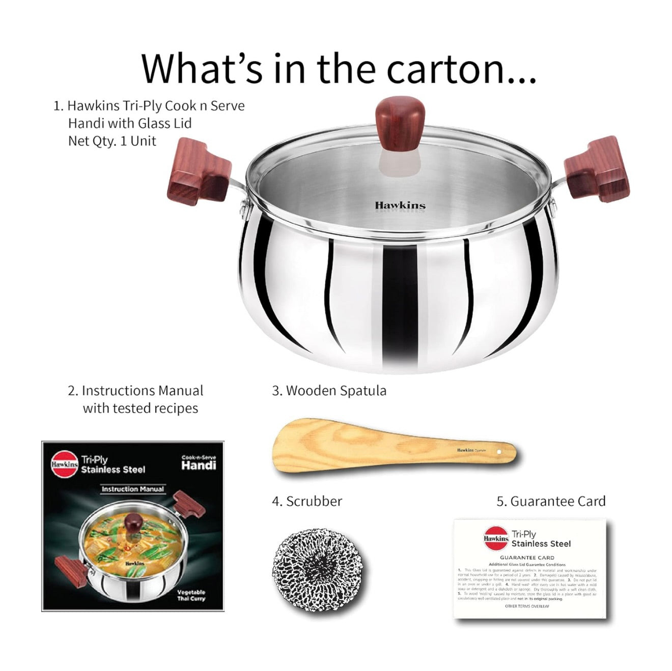 Hawkins 4 Litre Cook n Serve Handi, Triply Stainless Steel Handi with Glass Lid,
