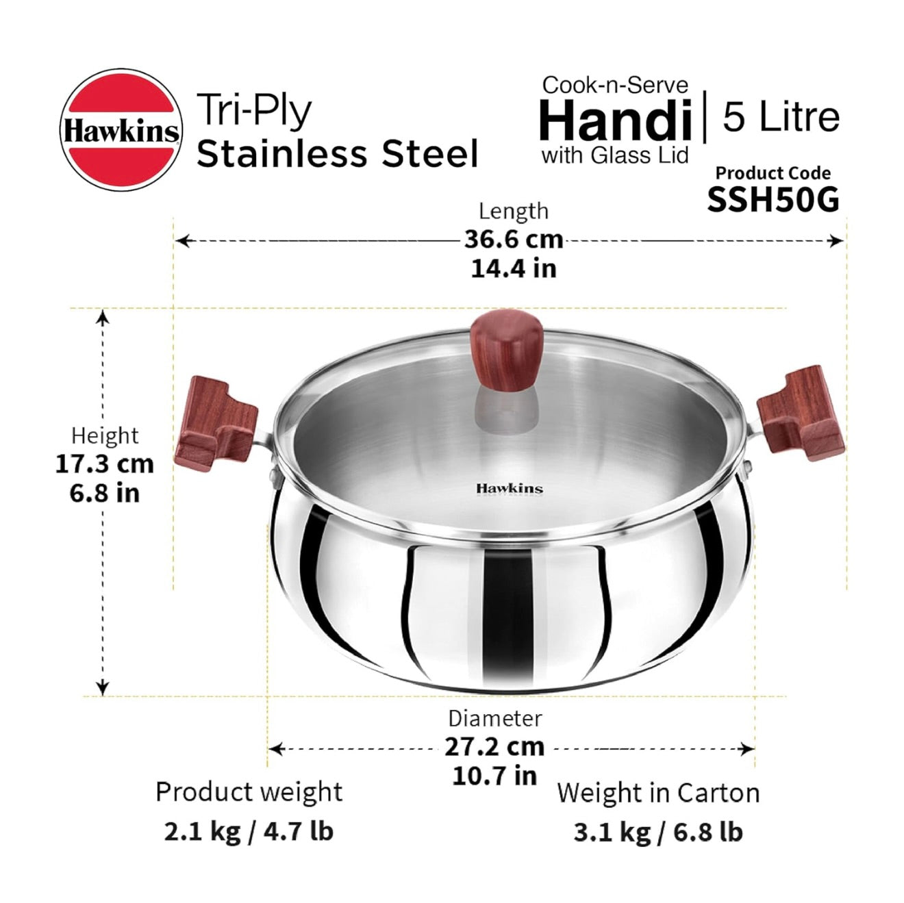 Hawkins 5 Litre Cook n Serve Handi - Triply Stainless Steel With Glass Lid, Induction Sauce Pan, Biryani Handi, Saucepan, Silver (SSH50G)
