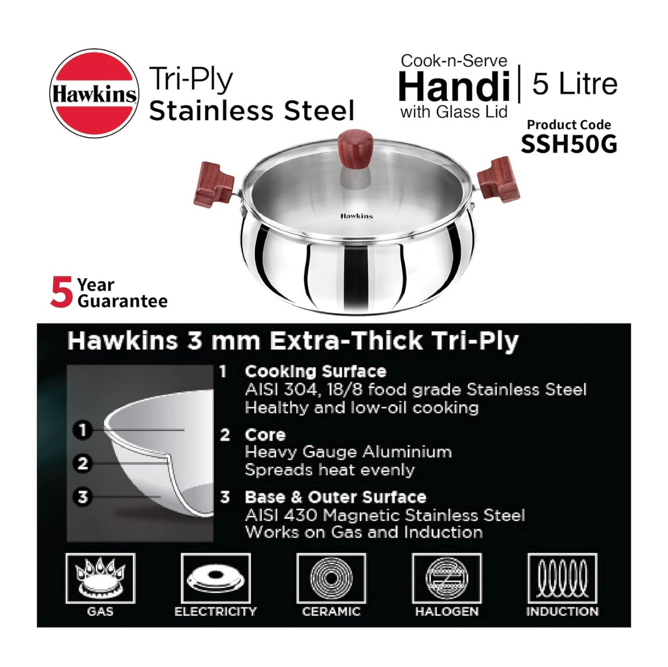 Hawkins 5 Litre Cook n Serve Handi - Triply Stainless Steel With Glass Lid, Induction Sauce Pan, Biryani Handi, Saucepan, Silver (SSH50G)