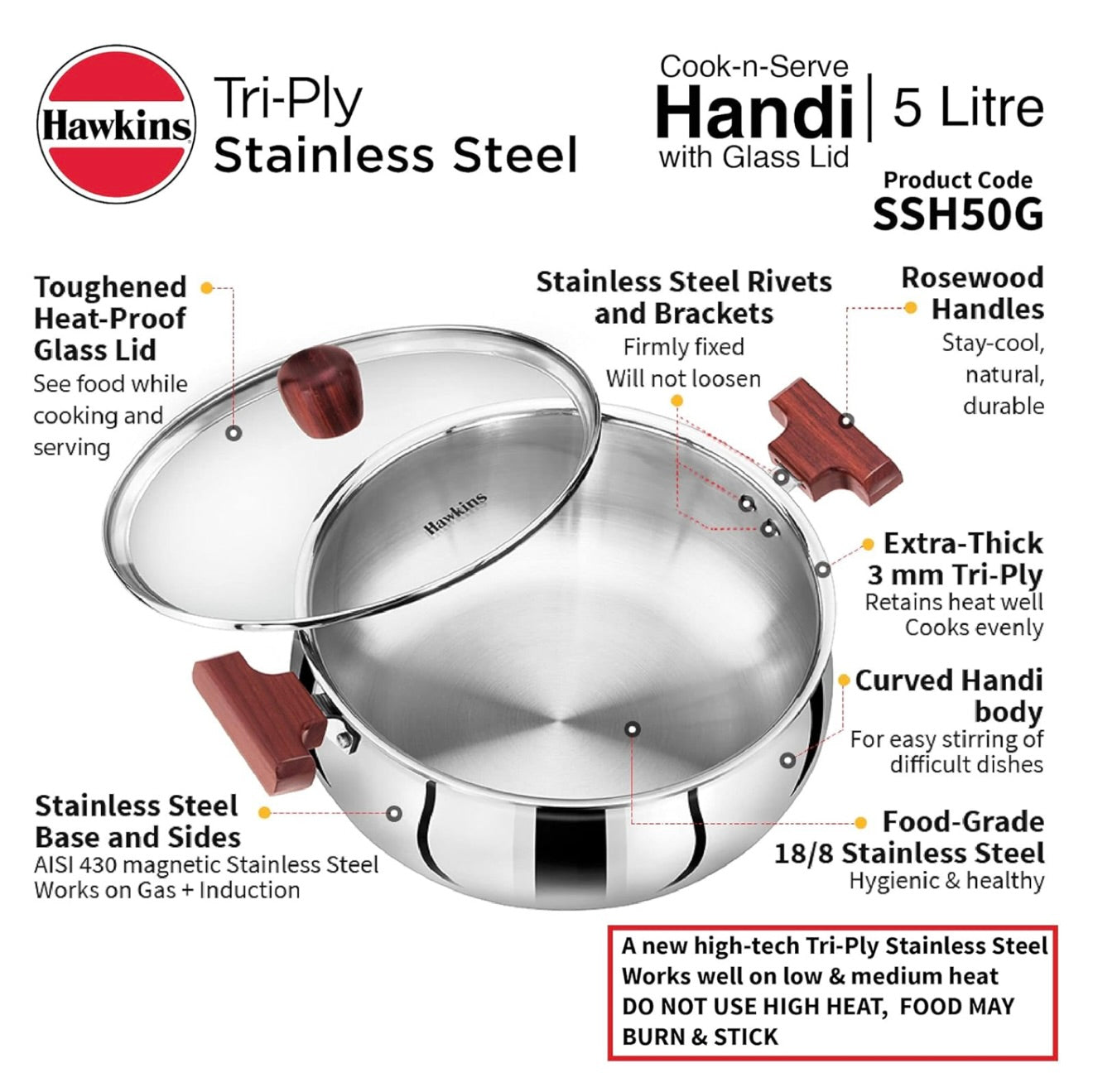 Hawkins 5 Litre Cook n Serve Handi - Triply Stainless Steel With Glass Lid, Induction Sauce Pan, Biryani Handi, Saucepan, Silver (SSH50G)