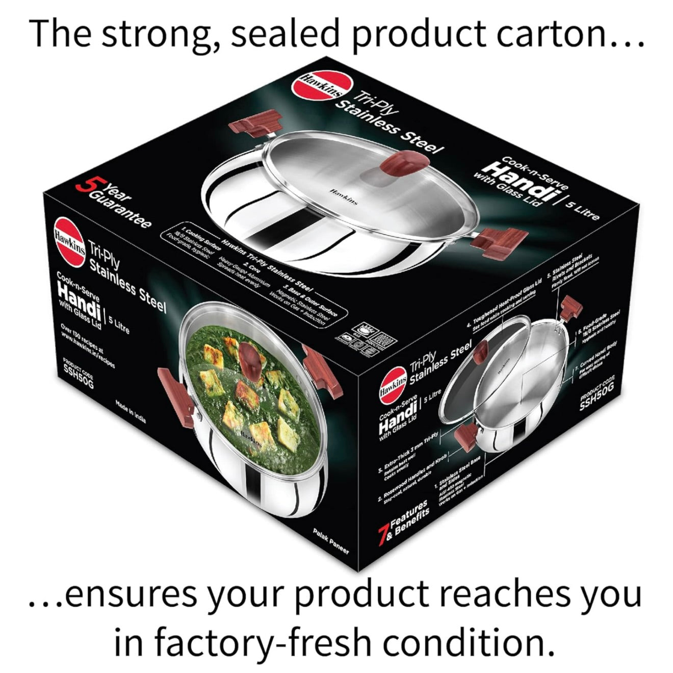 Hawkins 5 Litre Cook n Serve Handi - Triply Stainless Steel With Glass Lid, Induction Sauce Pan, Biryani Handi, Saucepan, Silver (SSH50G)