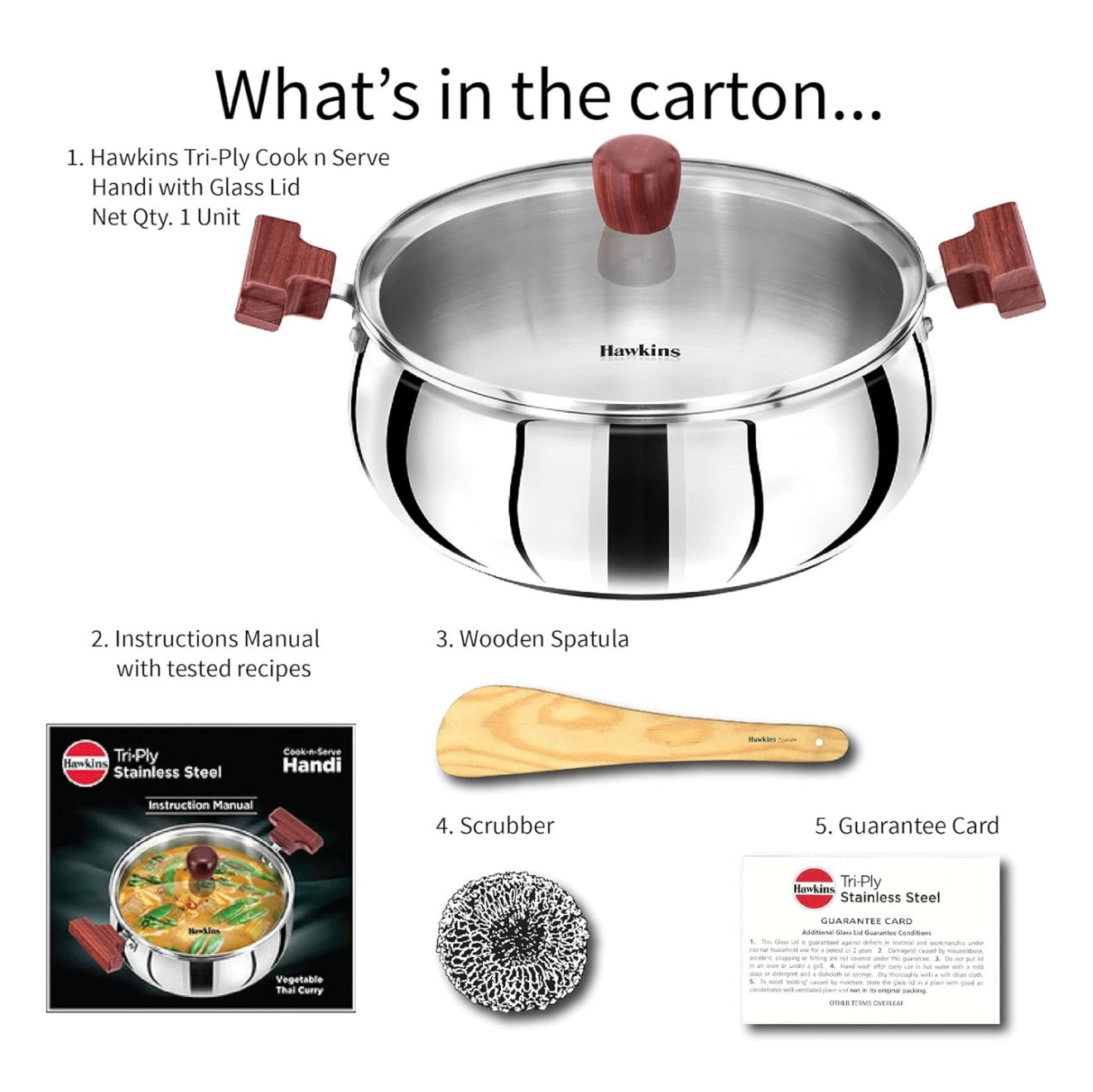 Hawkins 5 Litre Cook n Serve Handi - Triply Stainless Steel With Glass Lid, Induction Sauce Pan, Biryani Handi, Saucepan, Silver (SSH50G)