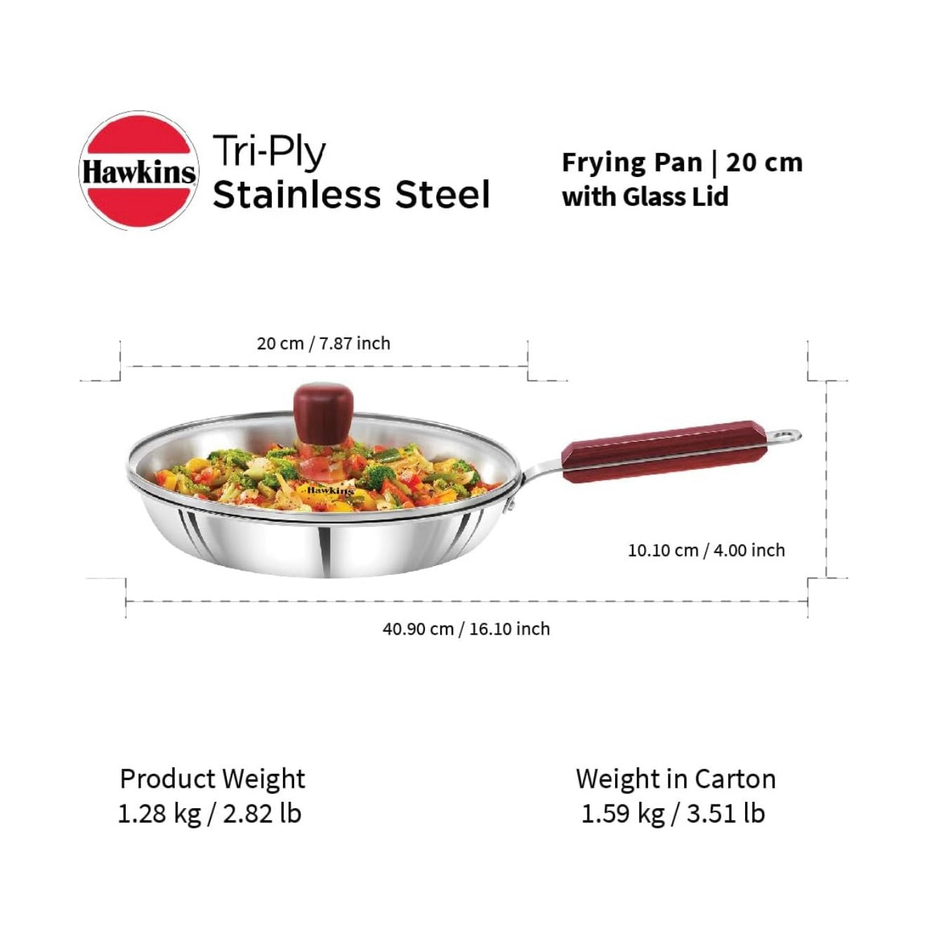 Hawkins 20 cm Frying Pan, Triply Stainless Steel Fry Pan with Glass Lid, Induction Frying Pan, Small Frying Pan, Silver (SSF20G)