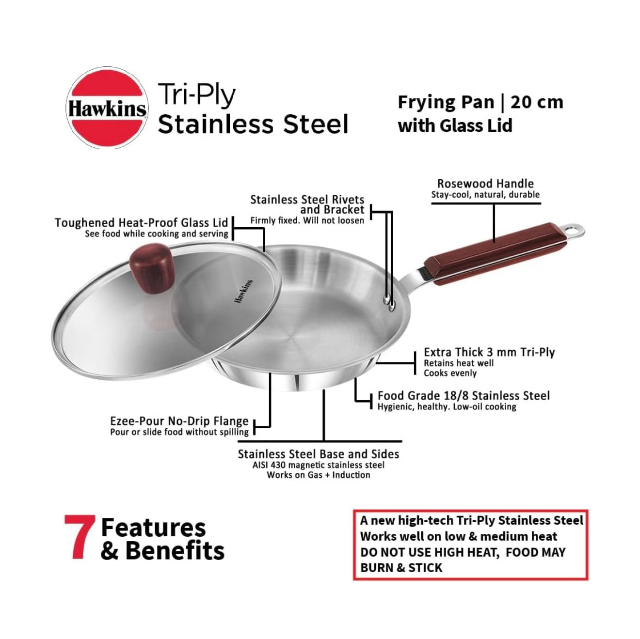 Hawkins 20 cm Frying Pan, Triply Stainless Steel Fry Pan with Glass Lid, Induction Frying Pan, Small Frying Pan, Silver (SSF20G)