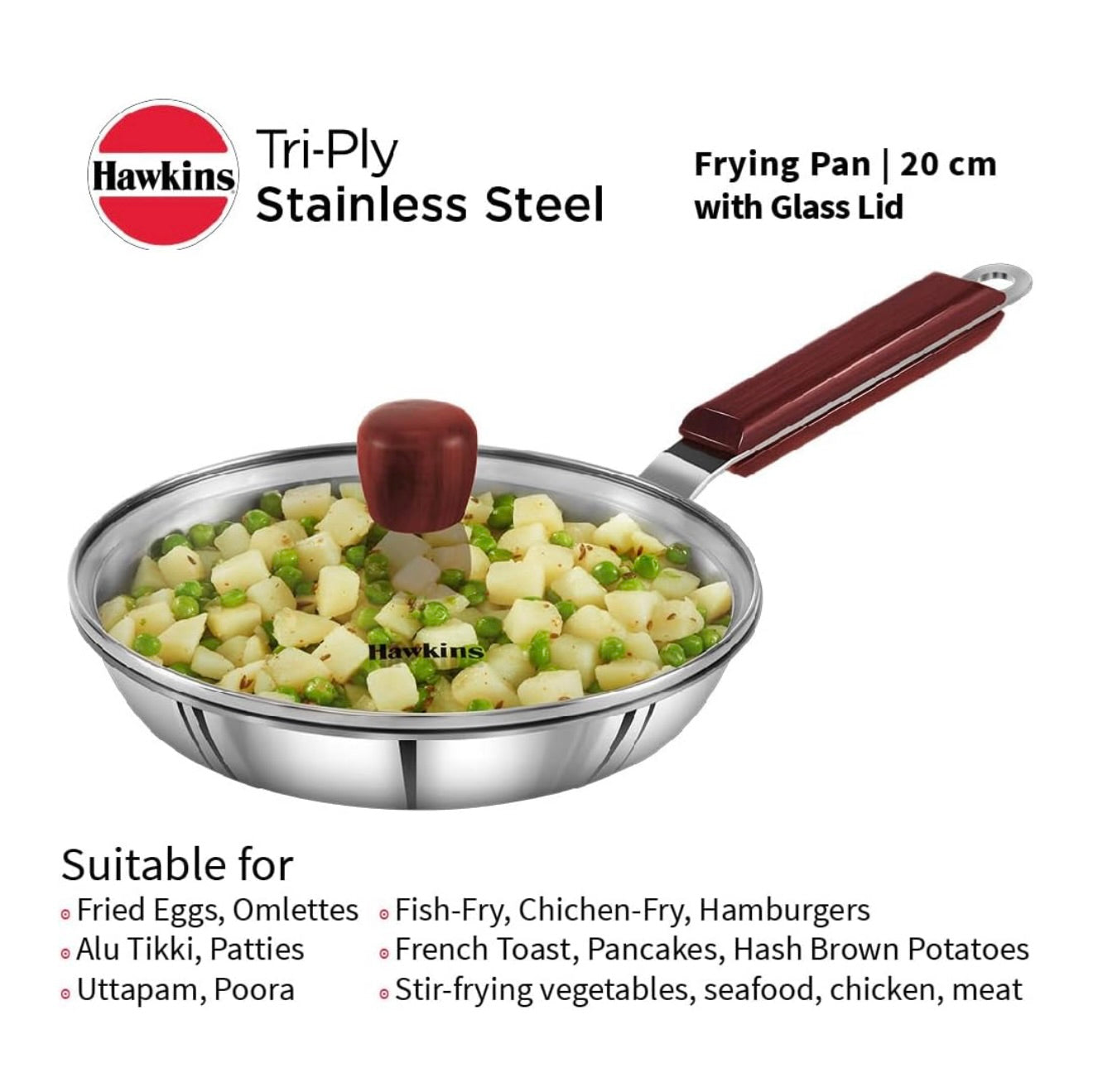 Hawkins 20 cm Frying Pan, Triply Stainless Steel Fry Pan with Glass Lid, Induction Frying Pan, Small Frying Pan, Silver (SSF20G)