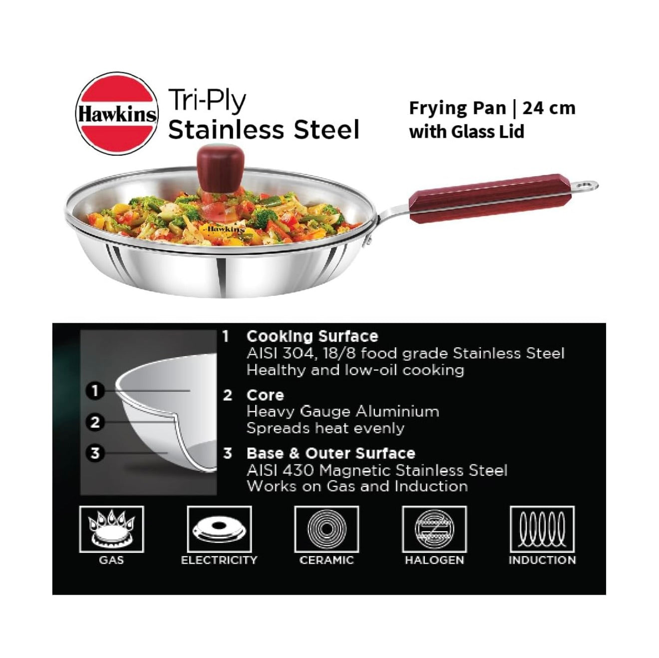Hawkins 24 cm Frying Pan, Triply Stainless Steel Fry Pan with Glass Lid, Induction Frying Pan, Frypan, Silver (SSF24G)