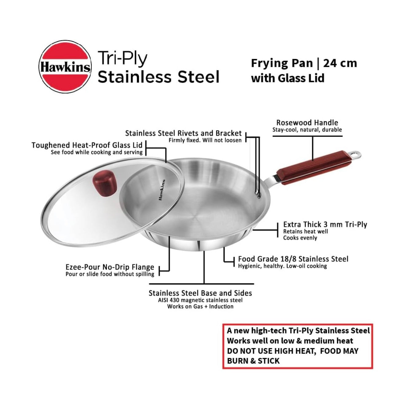 Hawkins 24 cm Frying Pan, Triply Stainless Steel Fry Pan with Glass Lid, Induction Frying Pan, Frypan, Silver (SSF24G)