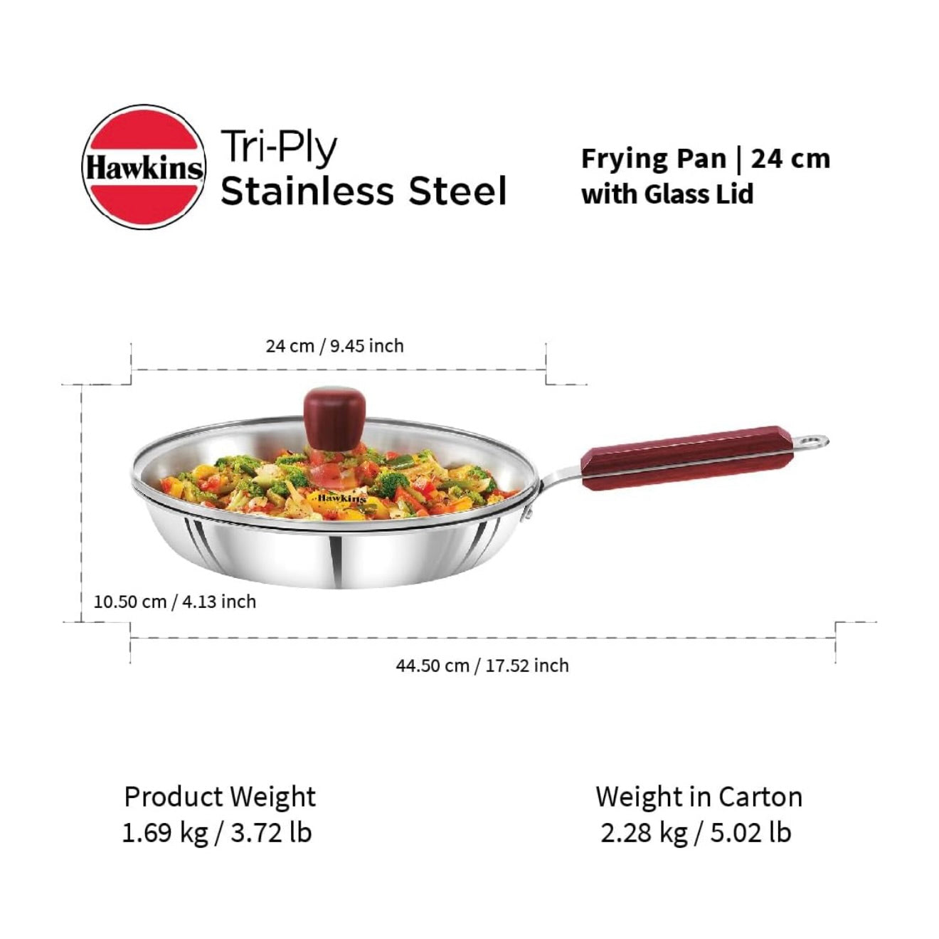 Hawkins 24 cm Frying Pan, Triply Stainless Steel Fry Pan with Glass Lid, Induction Frying Pan, Frypan, Silver (SSF24G)