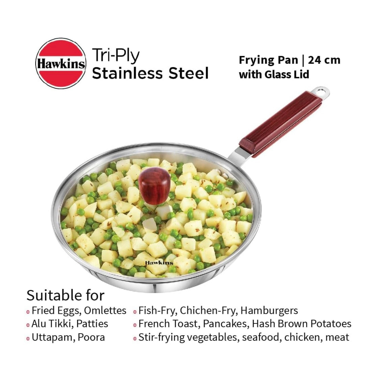 Hawkins 24 cm Frying Pan, Triply Stainless Steel Fry Pan with Glass Lid, Induction Frying Pan, Frypan, Silver (SSF24G)