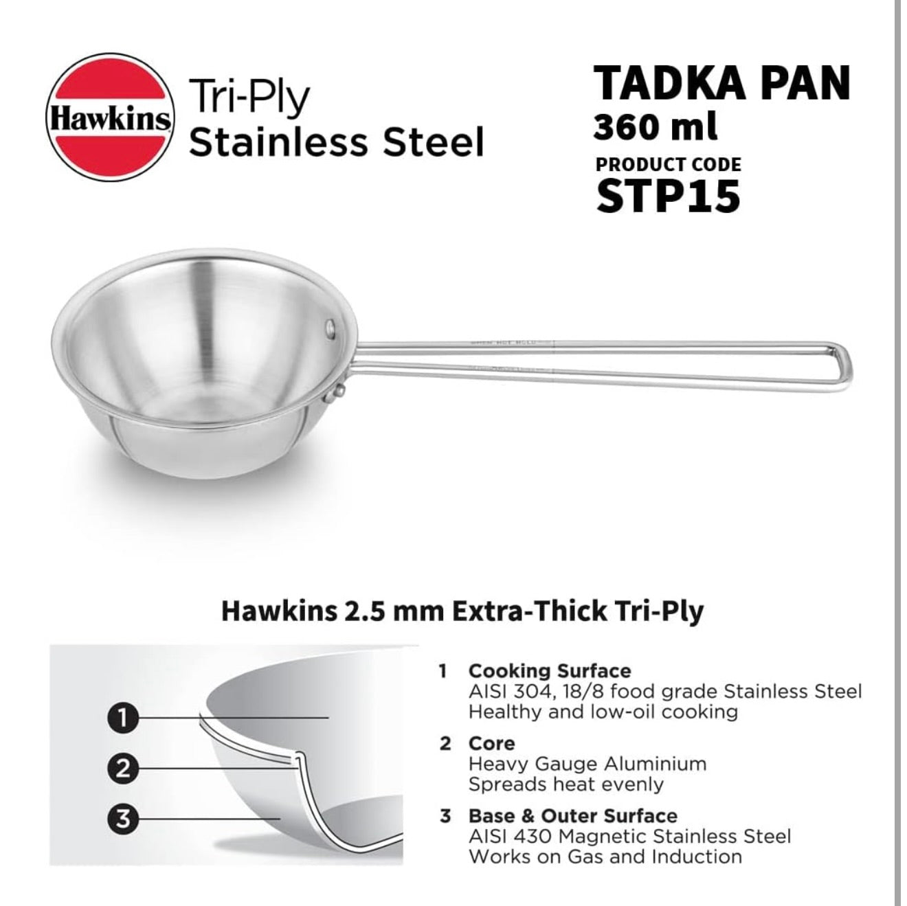 Hawkins 1.5 Cup Tadka Pan, 360 ml Triply Stainless Steel Pan, Silver (STP15)