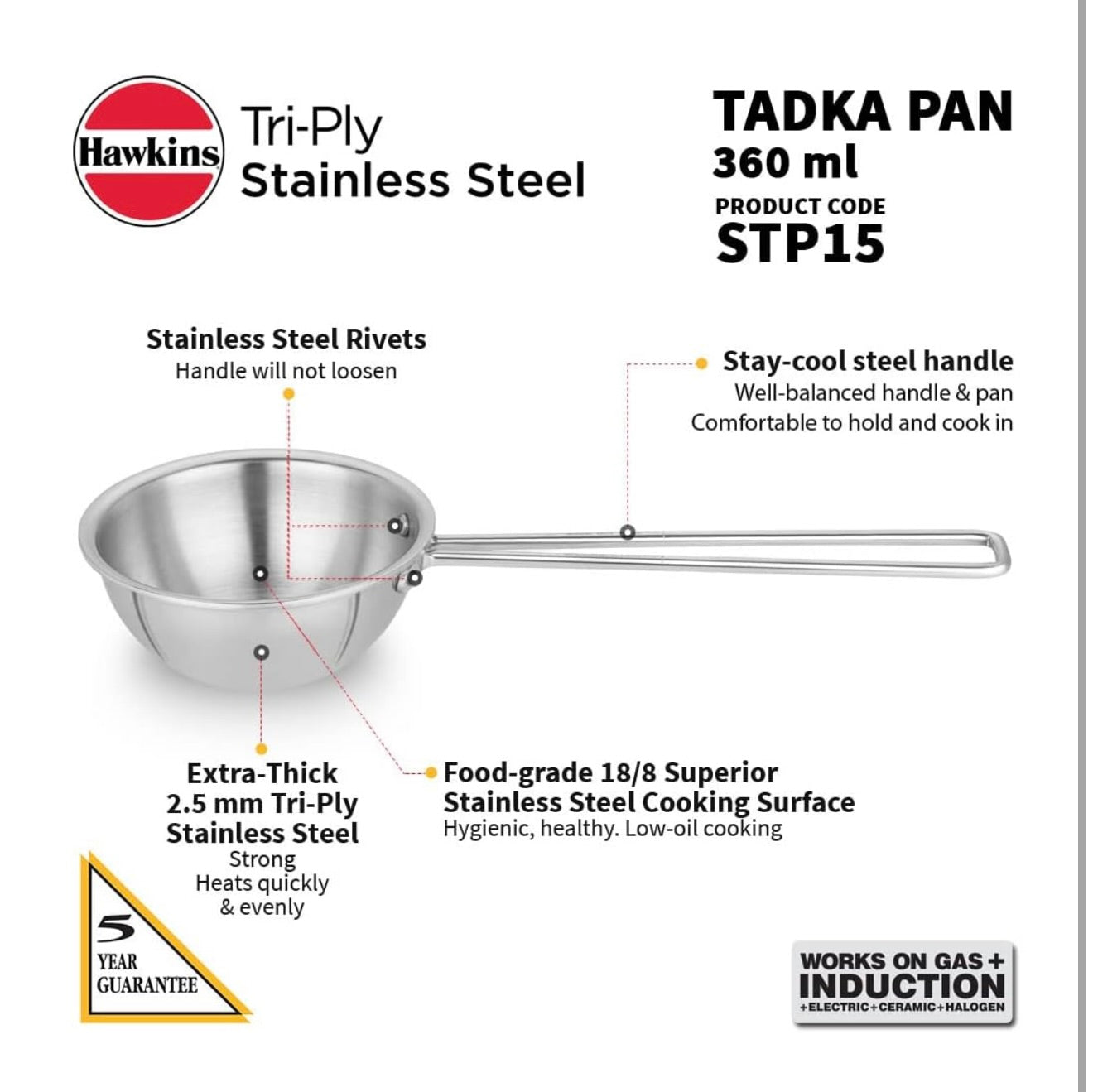 Hawkins 1.5 Cup Tadka Pan, 360 ml Triply Stainless Steel Pan, Silver (STP15)