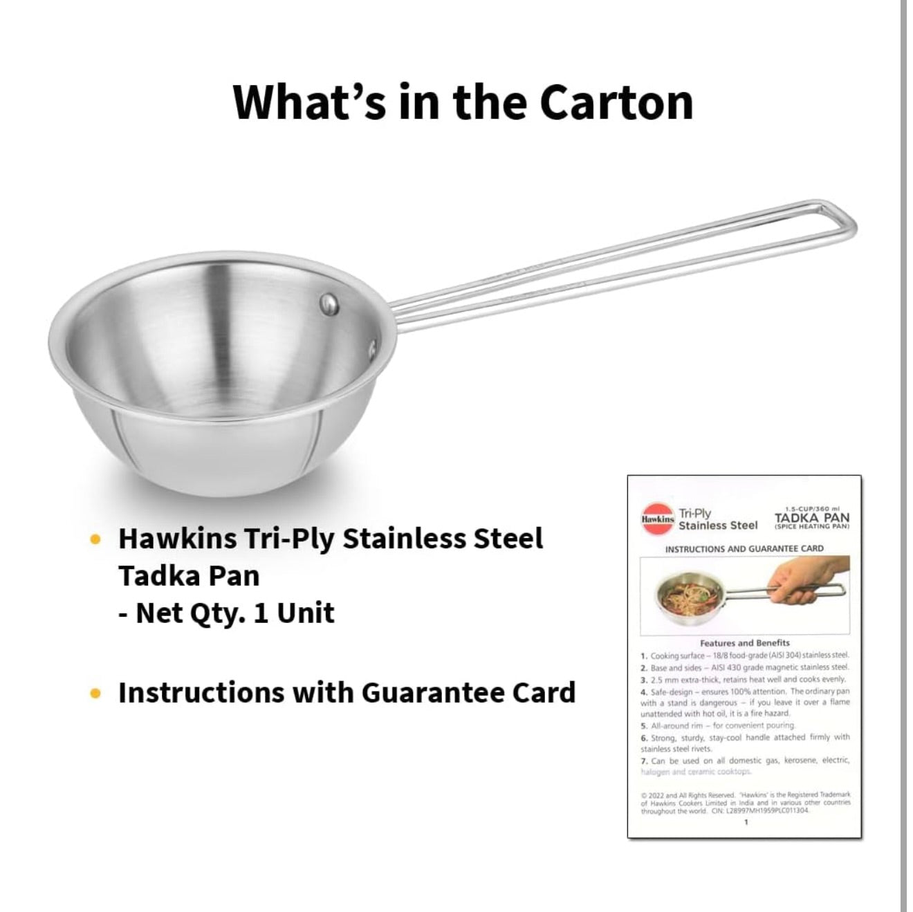 Hawkins 1.5 Cup Tadka Pan, 360 ml Triply Stainless Steel Pan, Silver (STP15)