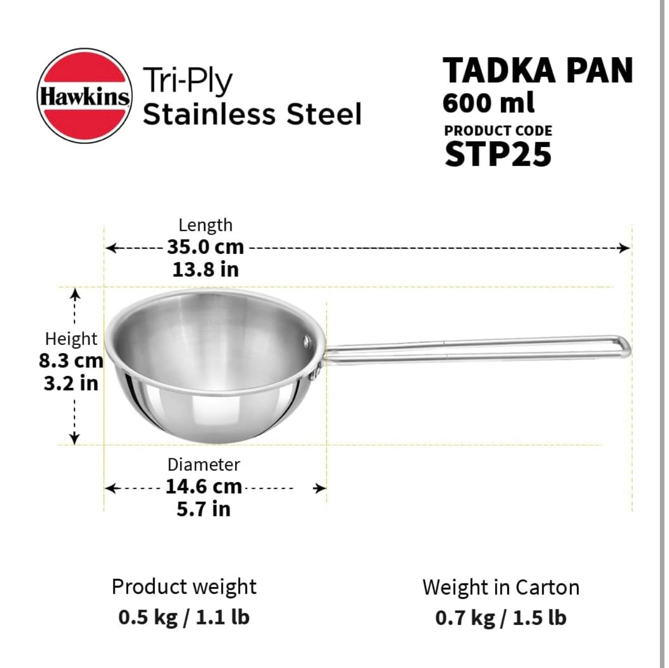 Hawkins 2.5 Cup Tadka Pan, 600ml Triply Stainless Steel Pan, Silver (STP25)