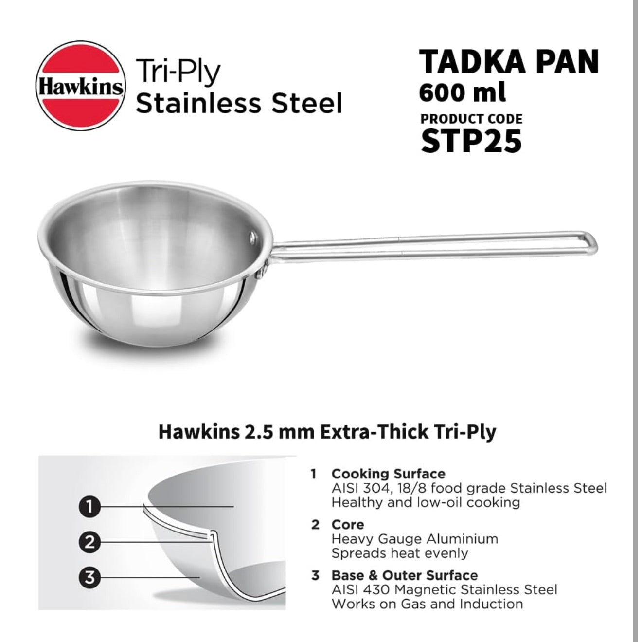 Hawkins 2.5 Cup Tadka Pan, 600ml Triply Stainless Steel Pan, Silver (STP25)