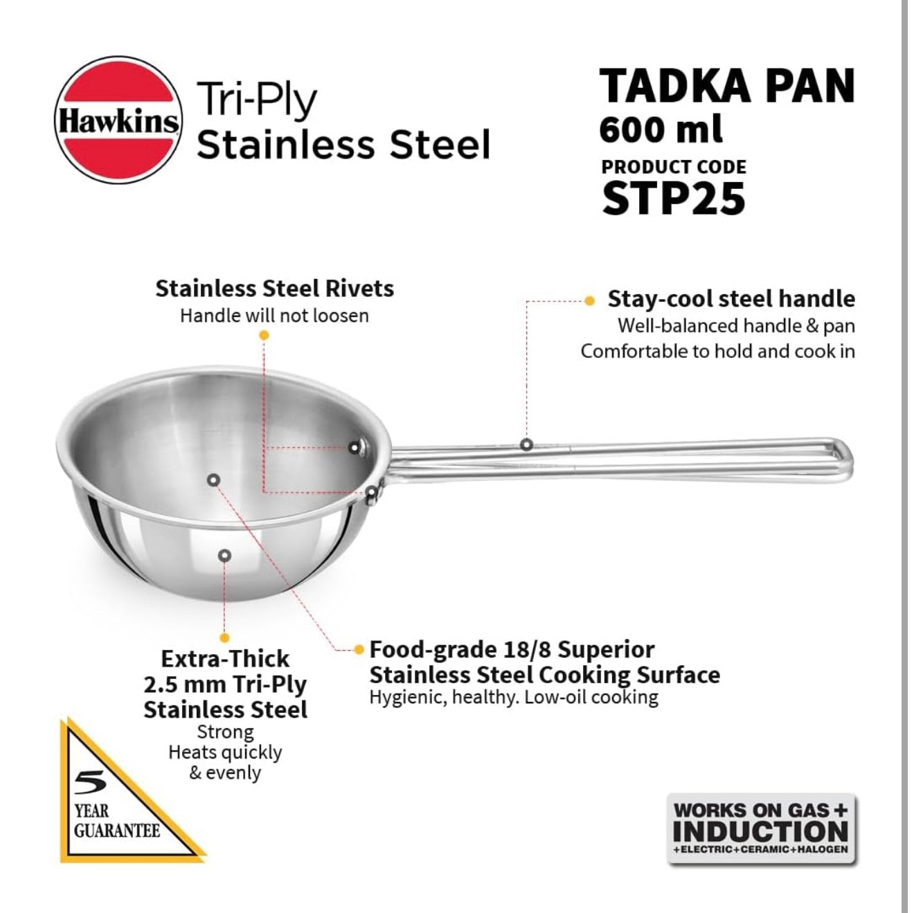 Hawkins 2.5 Cup Tadka Pan, 600ml Triply Stainless Steel Pan, Silver (STP25)