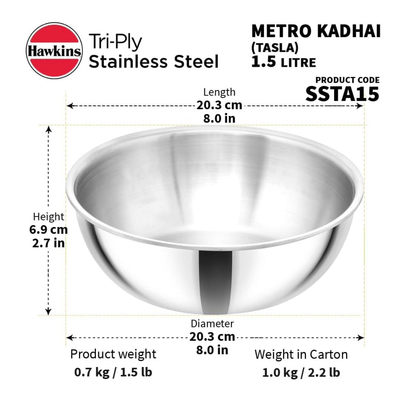 Hawkins 1.5 Litre Metro Kadhai, Triply Stainless Steel Induction Tasla, Silver (SSTA15)
