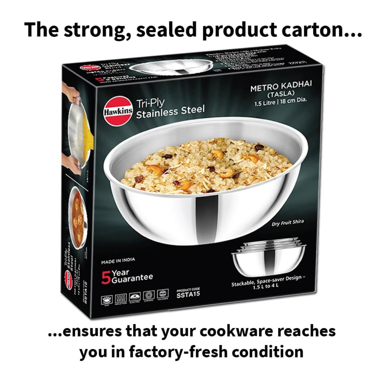 Hawkins 1.5 Litre Metro Kadhai, Triply Stainless Steel Induction Tasla, Silver (SSTA15)