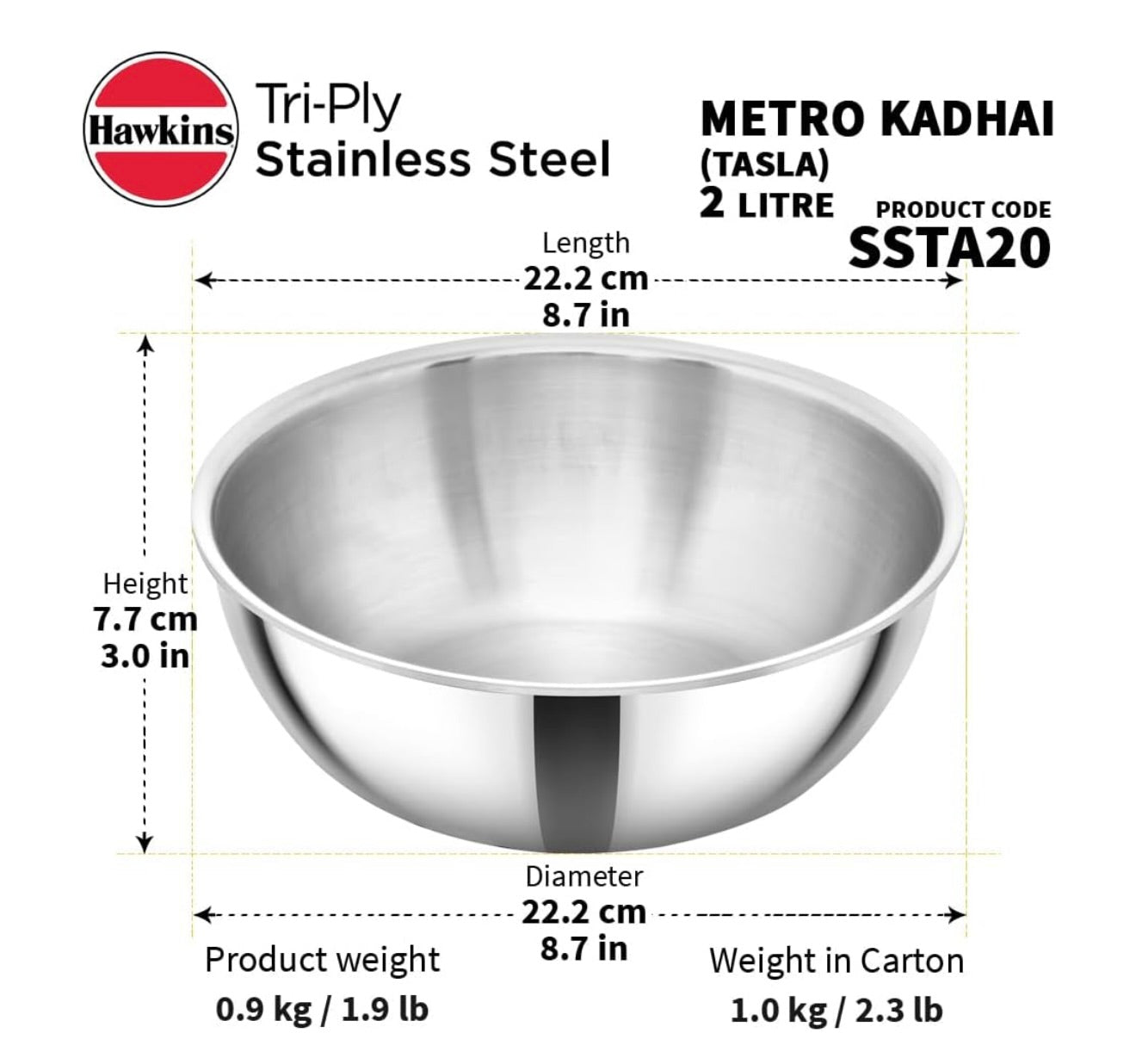 Hawkins 2 Litre Metro Kadhai, Triply Stainless Steel Induction Tasla, Silver (SSTA20)