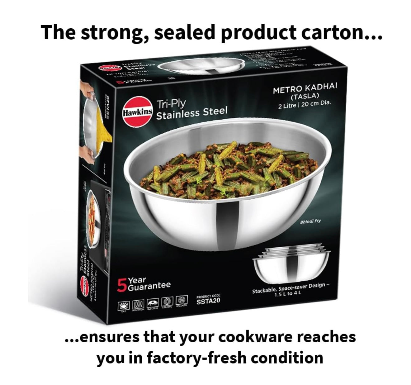 Hawkins 2 Litre Metro Kadhai, Triply Stainless Steel Induction Tasla, Silver (SSTA20)