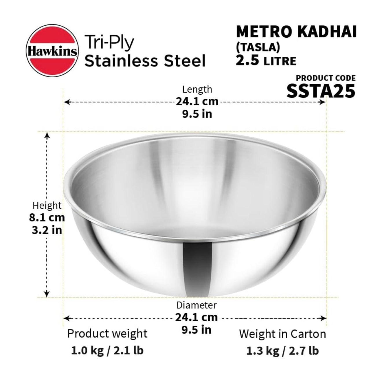 Hawkins 2.5 Litre Metro Kadhai, Triply Stainless Steel Induction Tasla, Silver (SSTA25)