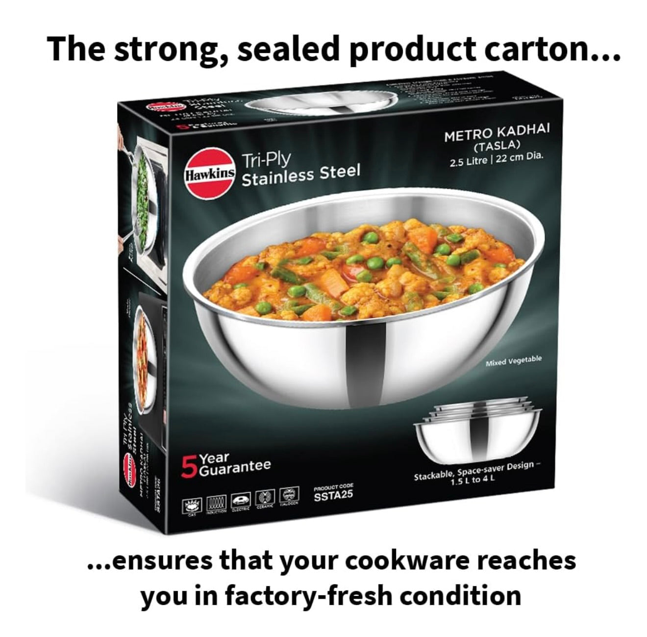 Hawkins 2.5 Litre Metro Kadhai, Triply Stainless Steel Induction Tasla, Silver (SSTA25)