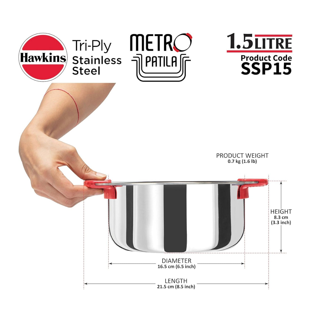 Hawkins 1.5 Litre Metro Patila, Triply Stainless Steel Tope, Induction Bhagona, Tapeli, Silver (SSP15)