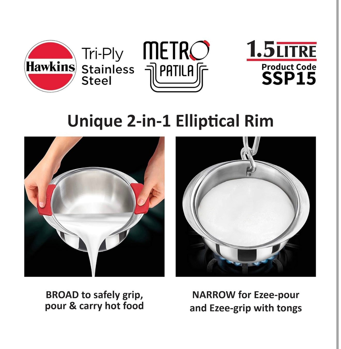 Hawkins 1.5 Litre Metro Patila, Triply Stainless Steel Tope, Induction Bhagona, Tapeli, Silver (SSP15)
