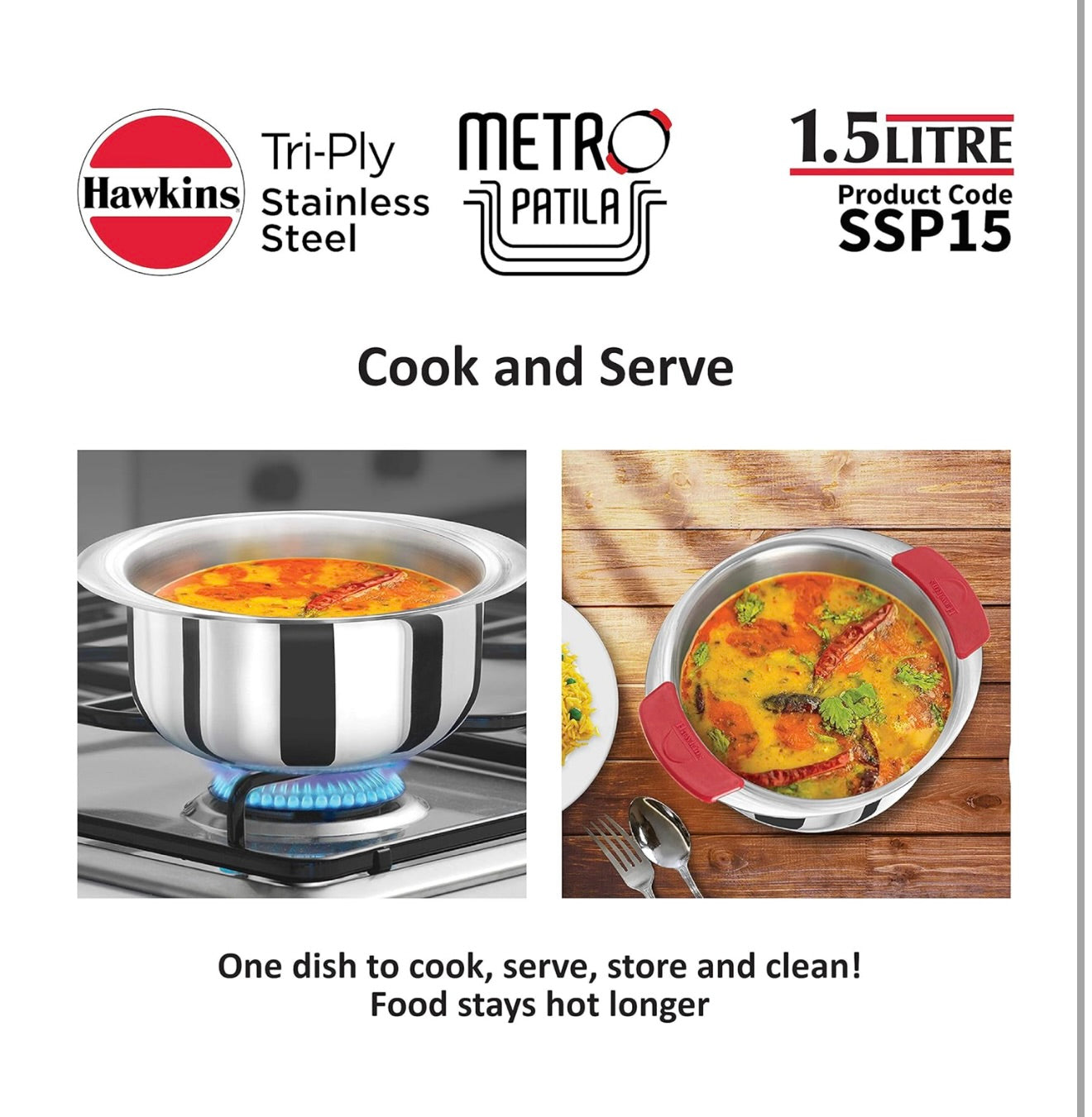 Hawkins 1.5 Litre Metro Patila, Triply Stainless Steel Tope, Induction Bhagona, Tapeli, Silver (SSP15)