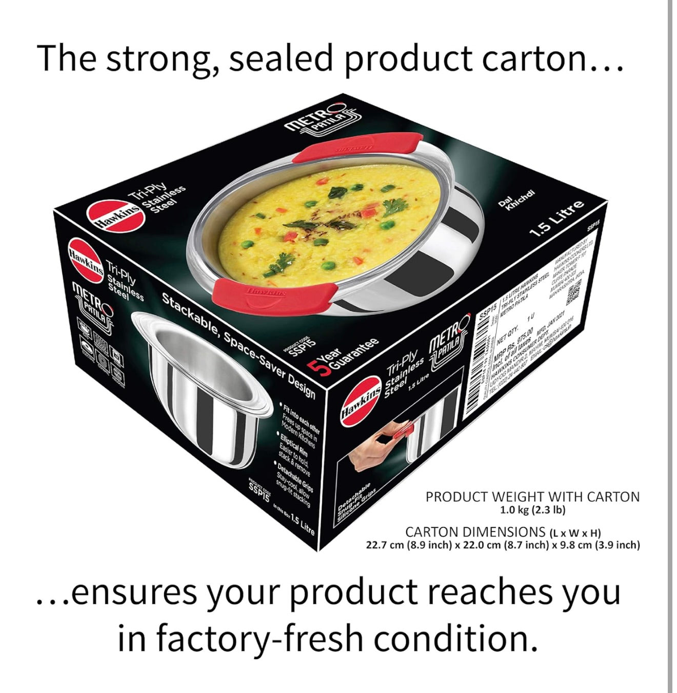 Hawkins 1.5 Litre Metro Patila, Triply Stainless Steel Tope, Induction Bhagona, Tapeli, Silver (SSP15)