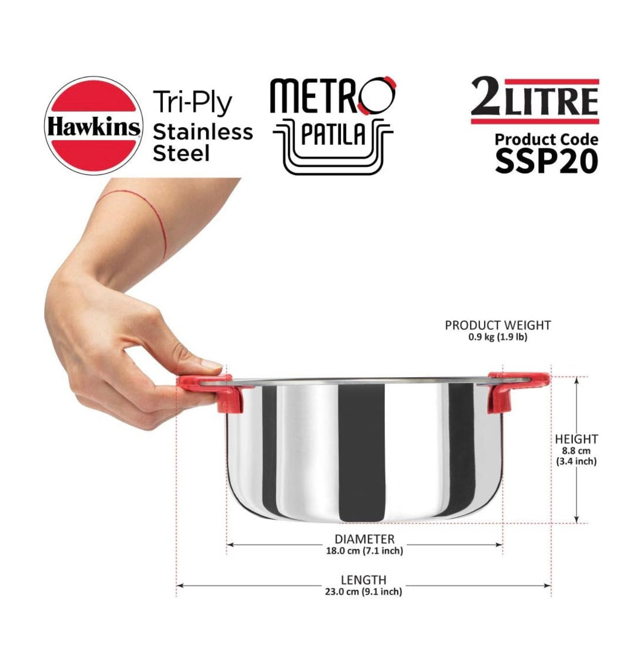 Hawkins 2 Litre Metro Patila, Triply Stainless Steel Tope, Induction Bhagona, Tapeli, Silver (SSP20)