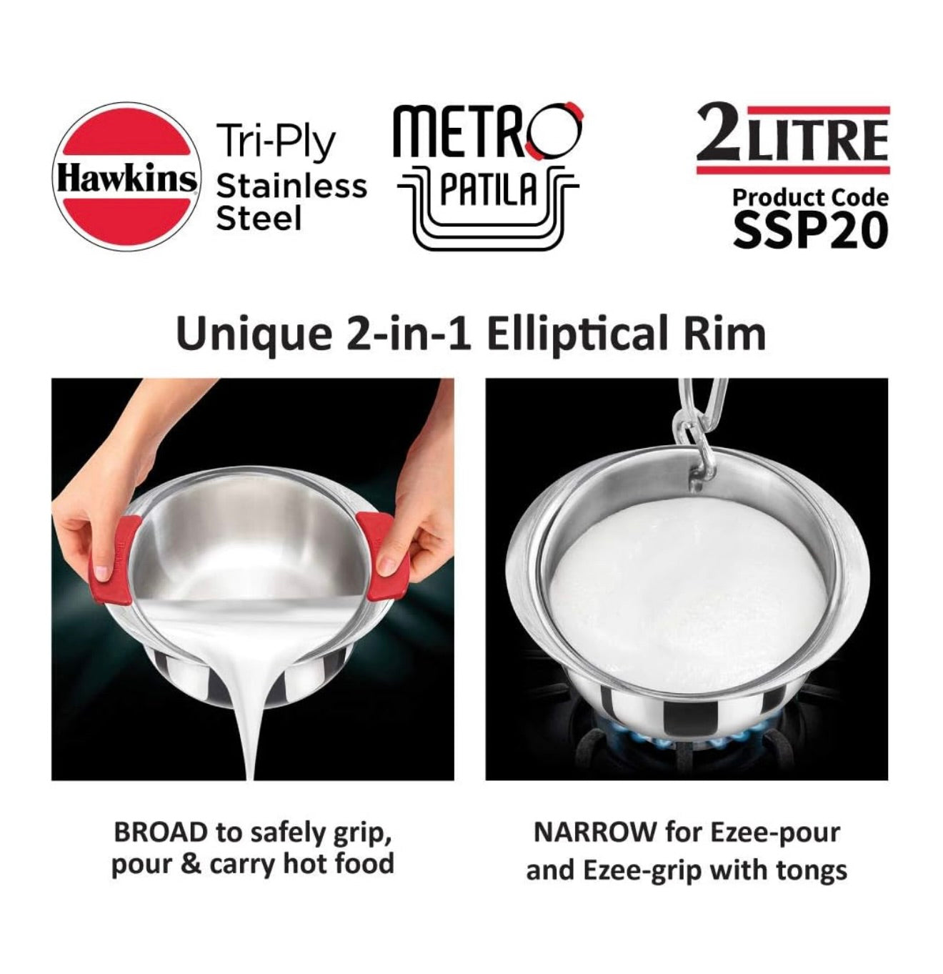 Hawkins 2 Litre Metro Patila, Triply Stainless Steel Tope, Induction Bhagona, Tapeli, Silver (SSP20)