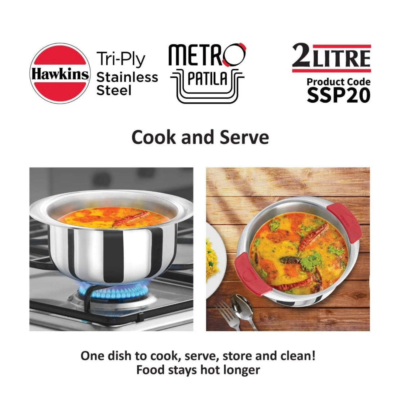Hawkins 2 Litre Metro Patila, Triply Stainless Steel Tope, Induction Bhagona, Tapeli, Silver (SSP20)