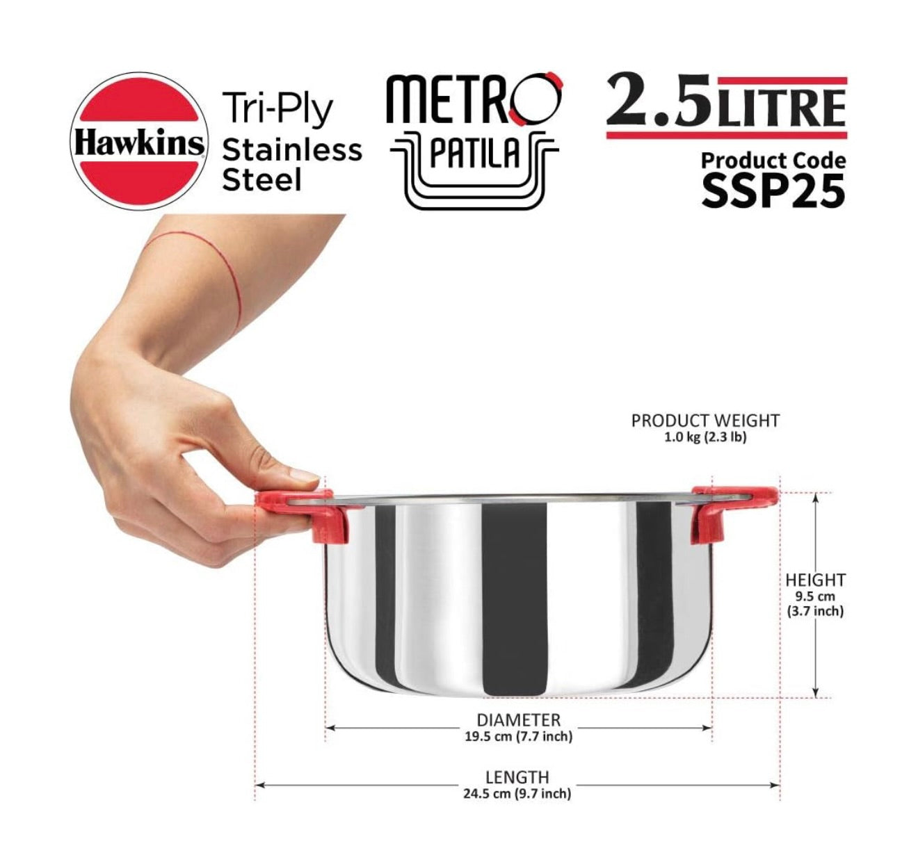 Hawkins 2.5 Litre Metro Patila, Triply Stainless Steel Tope, Induction Bhagona, Tapeli, Silver (SSP25)
