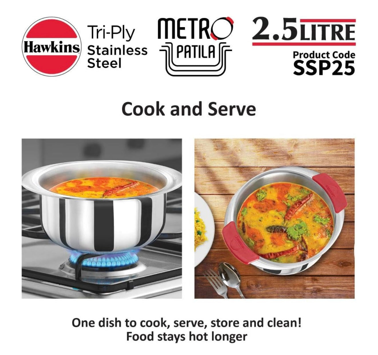 Hawkins 2.5 Litre Metro Patila, Triply Stainless Steel Tope, Induction Bhagona, Tapeli, Silver (SSP25)
