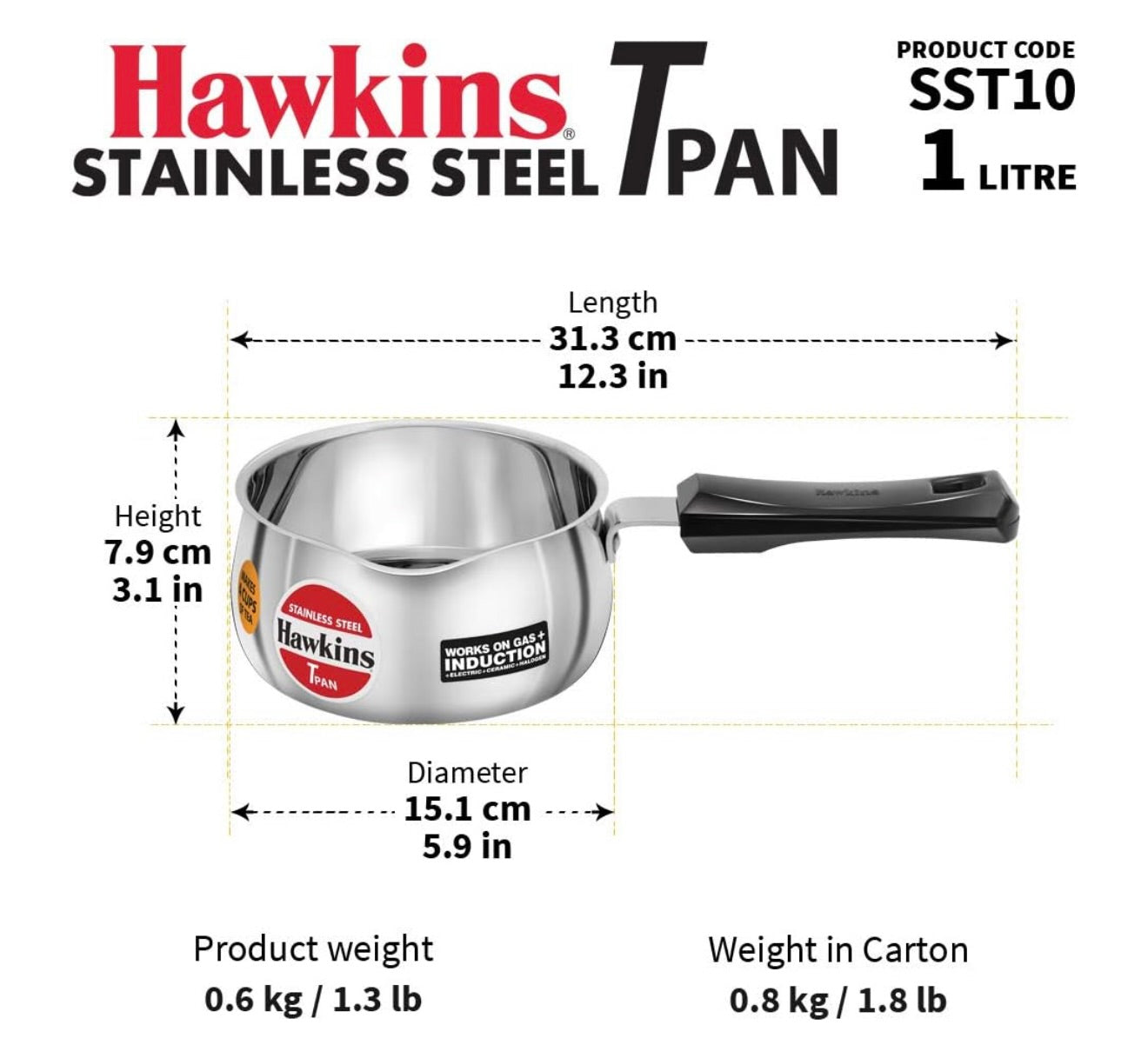 Hawkins 1 Litre Tpan, Stainless Steel Tea Pan, Induction Sauce Pan, Chai Pan, Small Pan, Silver (SST10)