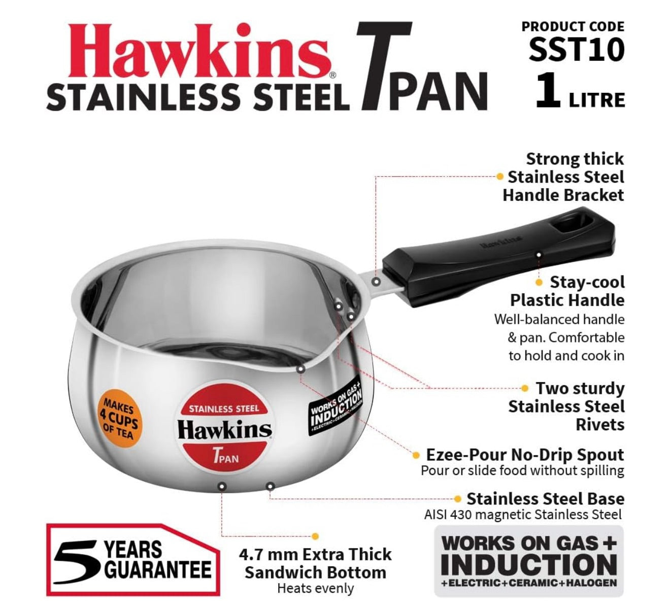 Hawkins 1 Litre Tpan, Stainless Steel Tea Pan, Induction Sauce Pan, Chai Pan, Small Pan, Silver (SST10)