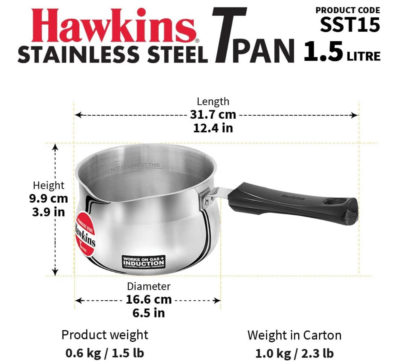 Hawkins 1.5 Litre Tpan, Stainless Steel Tea Pan, Induction Sauce Pan, Chai Pan, Saucepan, Silver (SST15)