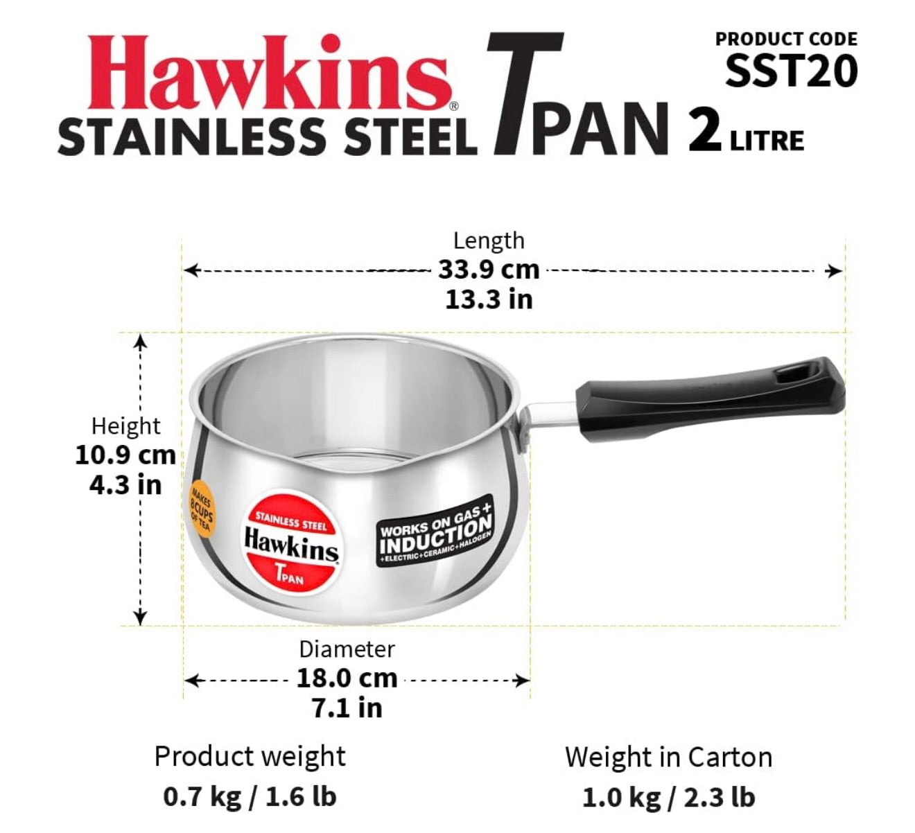 Hawkins 2 Litre Tpan, Stainless Steel Tea Pan, Induction Sauce Pan, Chai Pan, Saucepan, Silver (SST20)