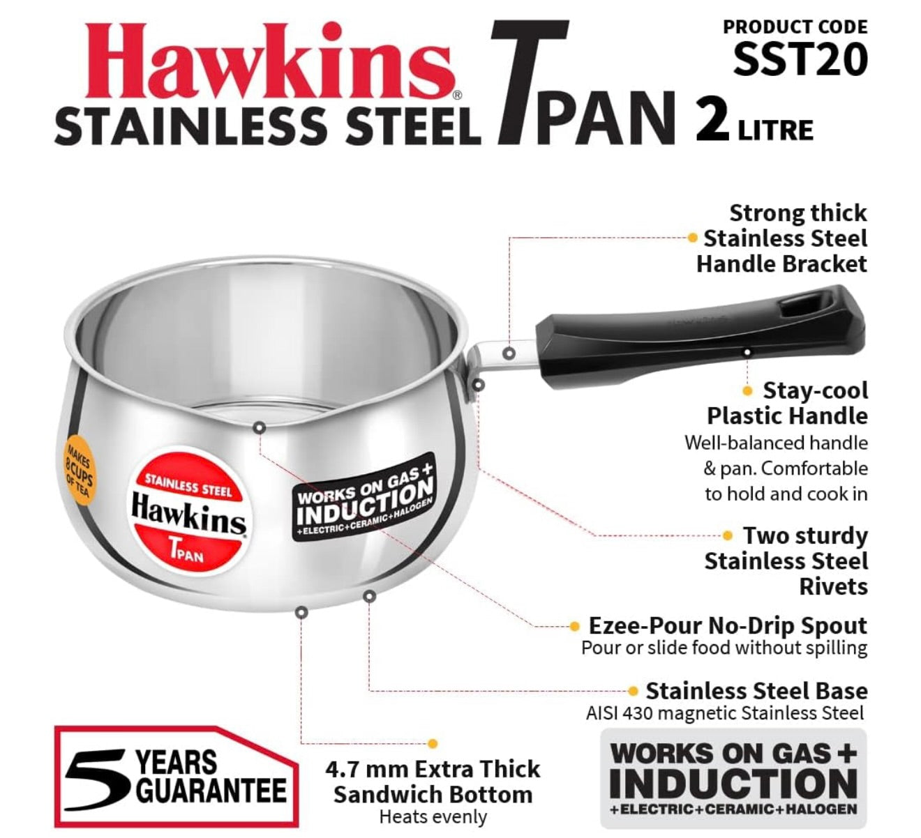Hawkins 2 Litre Tpan, Stainless Steel Tea Pan, Induction Sauce Pan, Chai Pan, Saucepan, Silver (SST20)