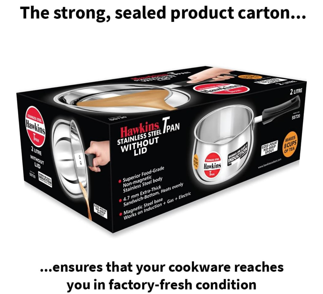 Hawkins 2 Litre Tpan, Stainless Steel Tea Pan, Induction Sauce Pan, Chai Pan, Saucepan, Silver (SST20)