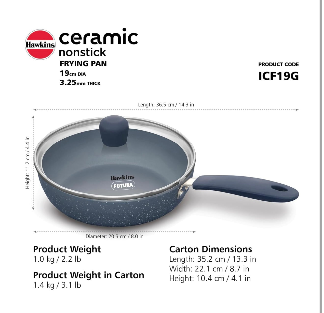 Hawkins Ceramic Nonstick Frying Pan, 19 cm Diameter, Induction Fry Pan with Glass Lid, Granite Omlette Egg Pan (ICF19G)