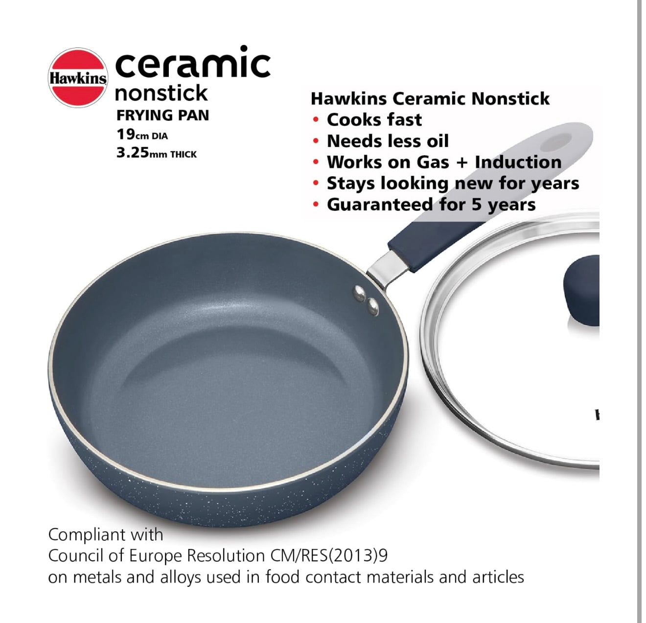 Hawkins Ceramic Nonstick Frying Pan, 19 cm Diameter, Induction Fry Pan with Glass Lid, Granite Omlette Egg Pan (ICF19G)