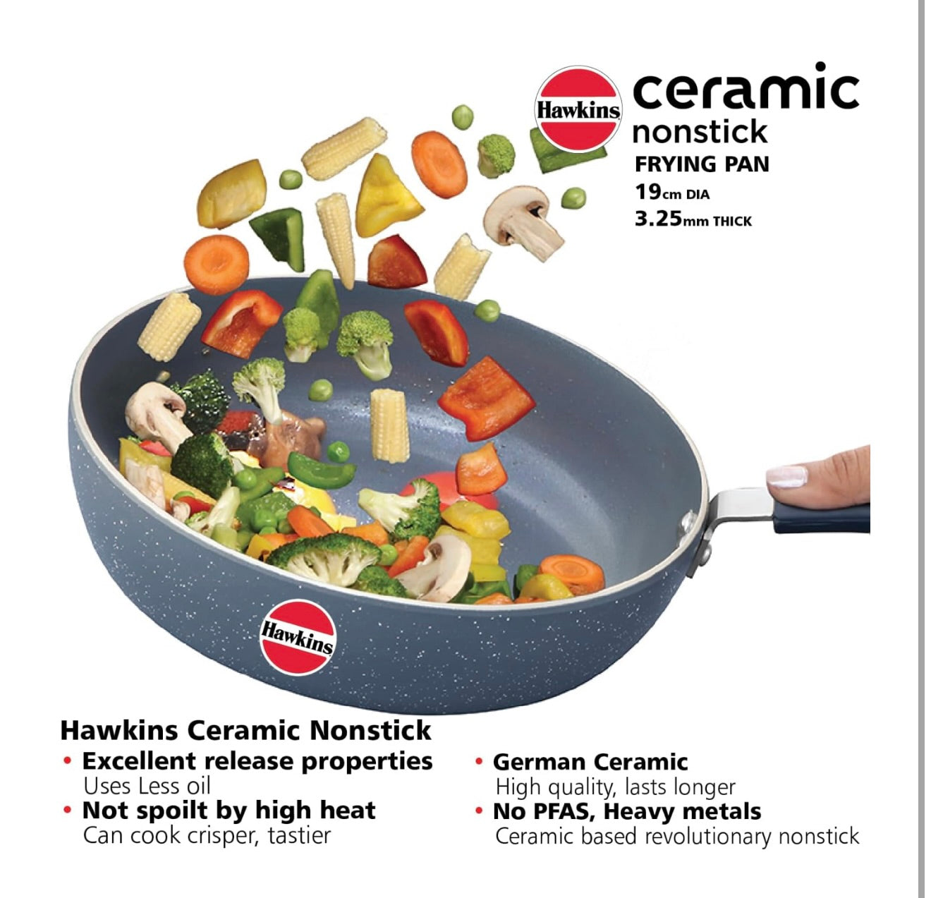 Hawkins Ceramic Nonstick Frying Pan, 19 cm Diameter, Induction Fry Pan with Glass Lid, Granite Omlette Egg Pan (ICF19G)