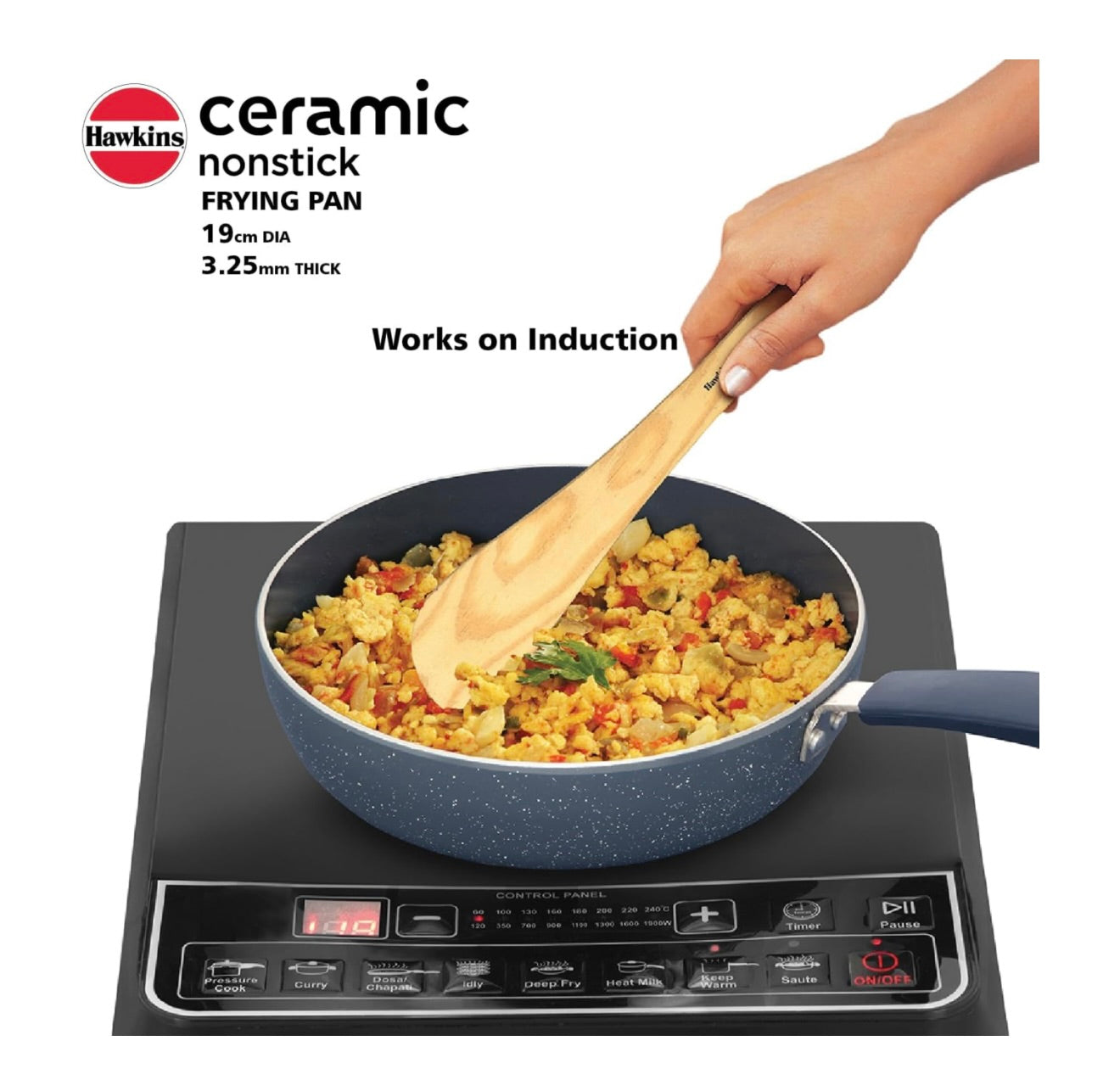Hawkins Ceramic Nonstick Frying Pan, 19 cm Diameter, Induction Fry Pan with Glass Lid, Granite Omlette Egg Pan (ICF19G)